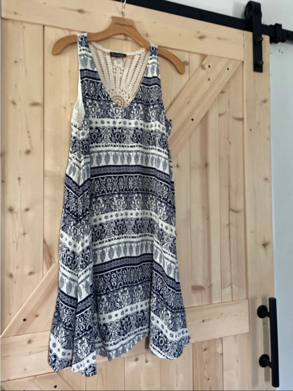 Luxology Navy and White Crochet-Trim Mini Sundress